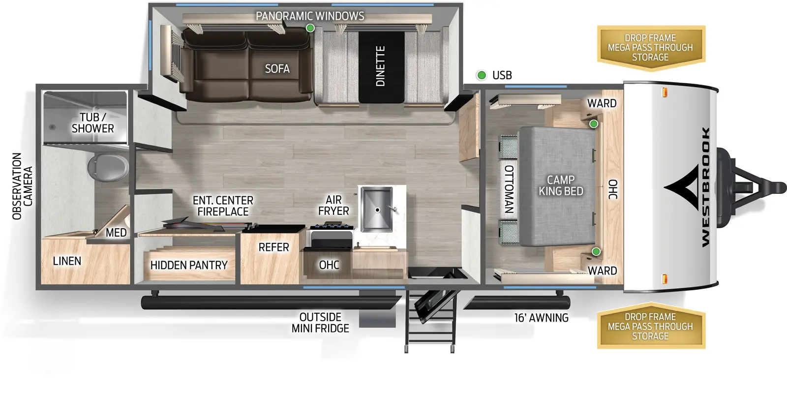 The Westbrook 26RBXC floorplan has one entry and one slide out. Exterior features include: metal exterior and 16' awning. Interiors features include: front bedroom and rear bathroom.